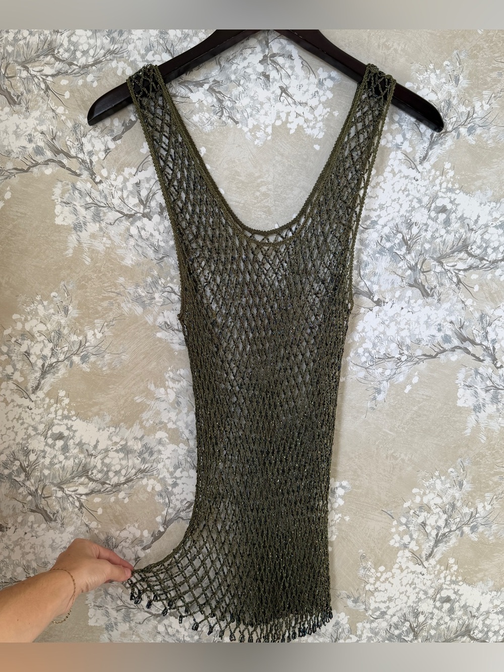 Vintage Y2K Mermaid Olive Green Iridescent Beaded Crochet Mesh Top Fairygoth